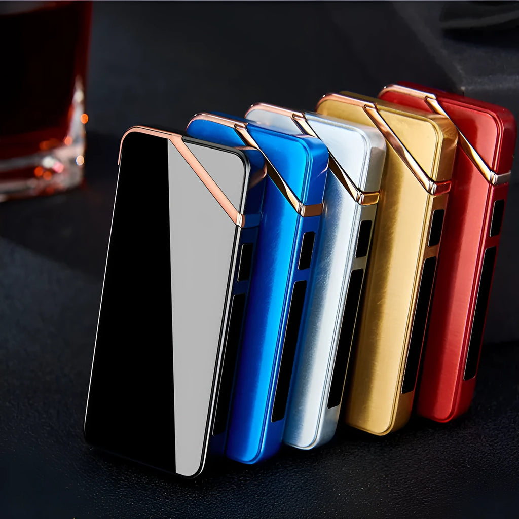 Creative fashion USB double arc lighter in zinc alloy with compact 73x35x11mm size and colour choices