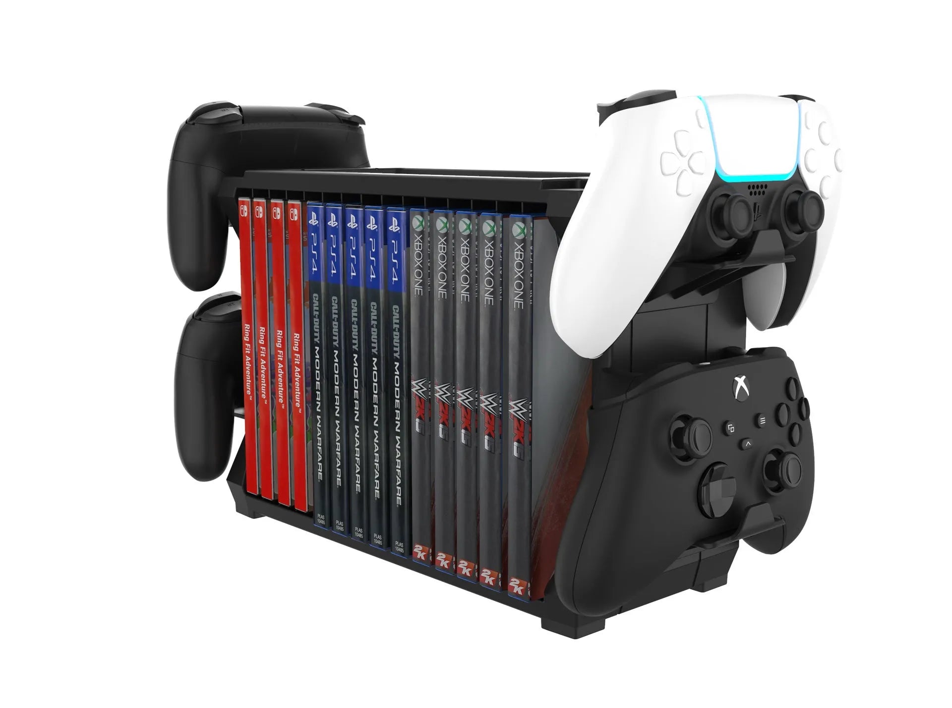 Black ABS PS5 and Xbox Series X game disc holder with controller storage compartment