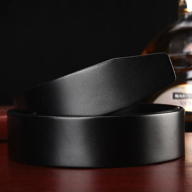 Men's headless buckle belt made from first layer cowhide leather in Coffee colour on white background