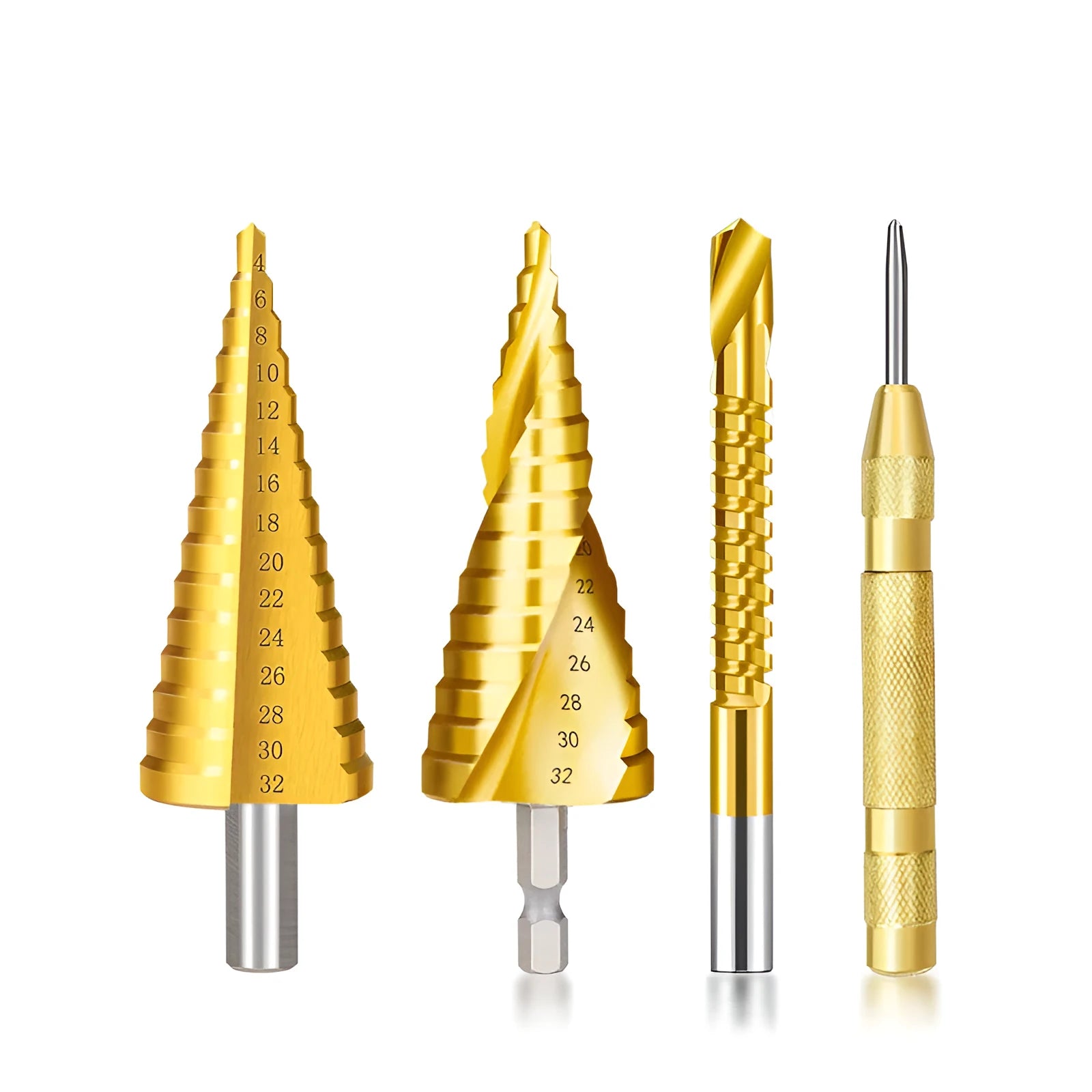 High speed steel cone step drill bits and a centre punch arranged on a workshop bench.