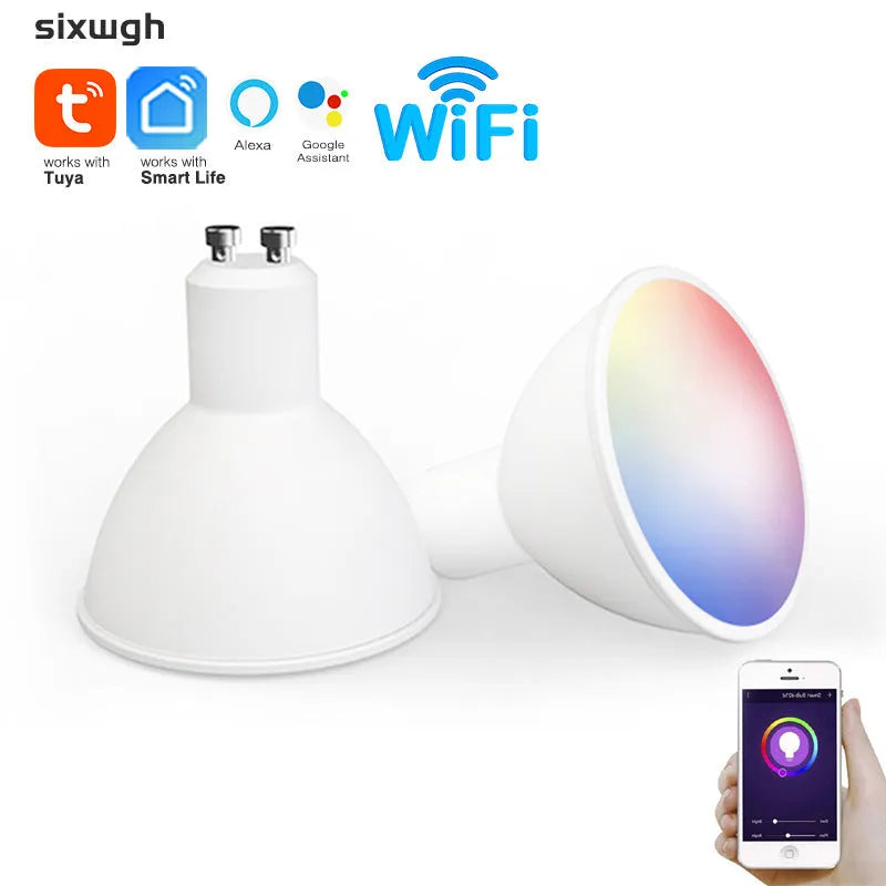 GU10 format smart wifi LED spotlight bulb with RGBCCT colour and voice control.