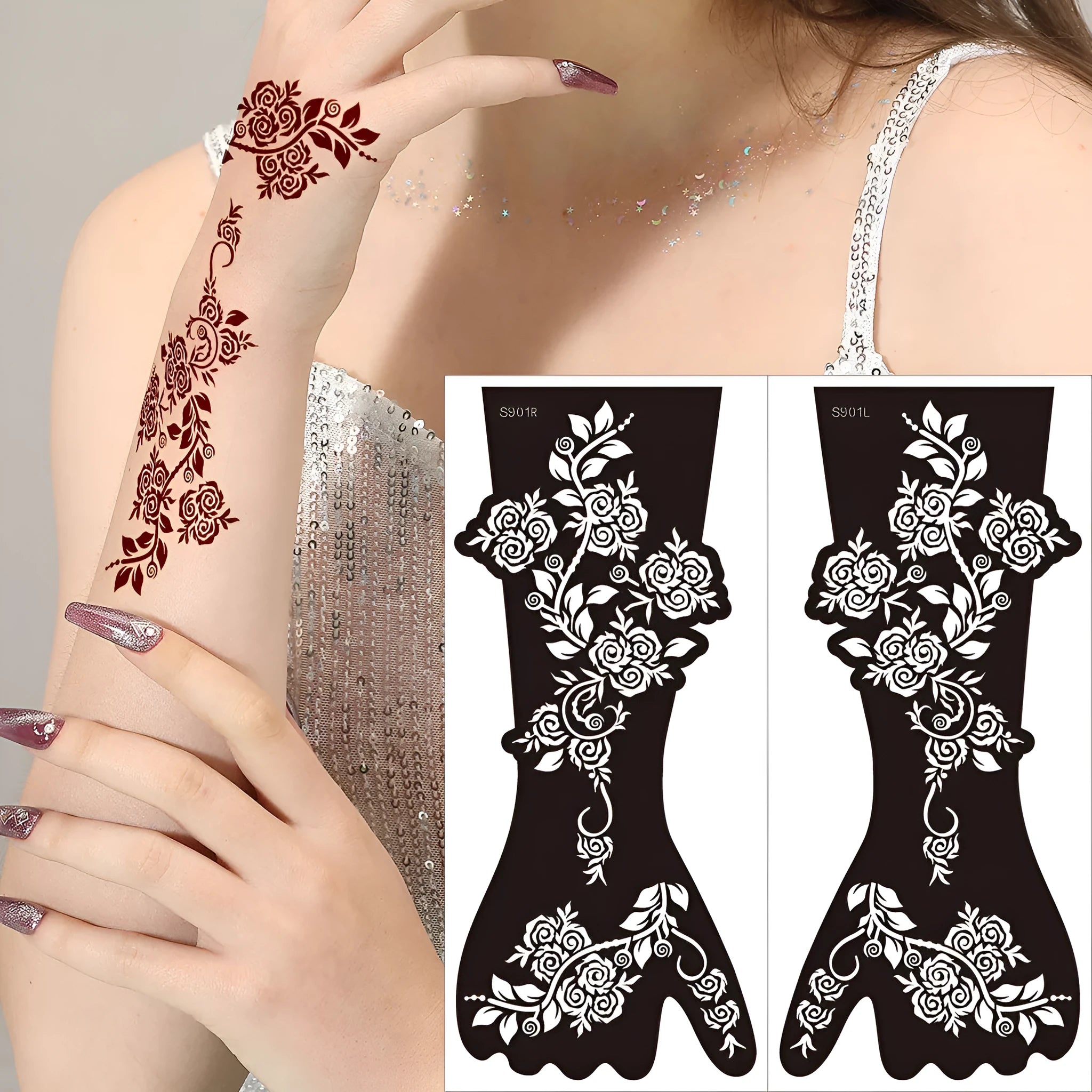 Geometric hollow template tattoo stickers showing intricate cut-out patterns for tattoo stencil applications
