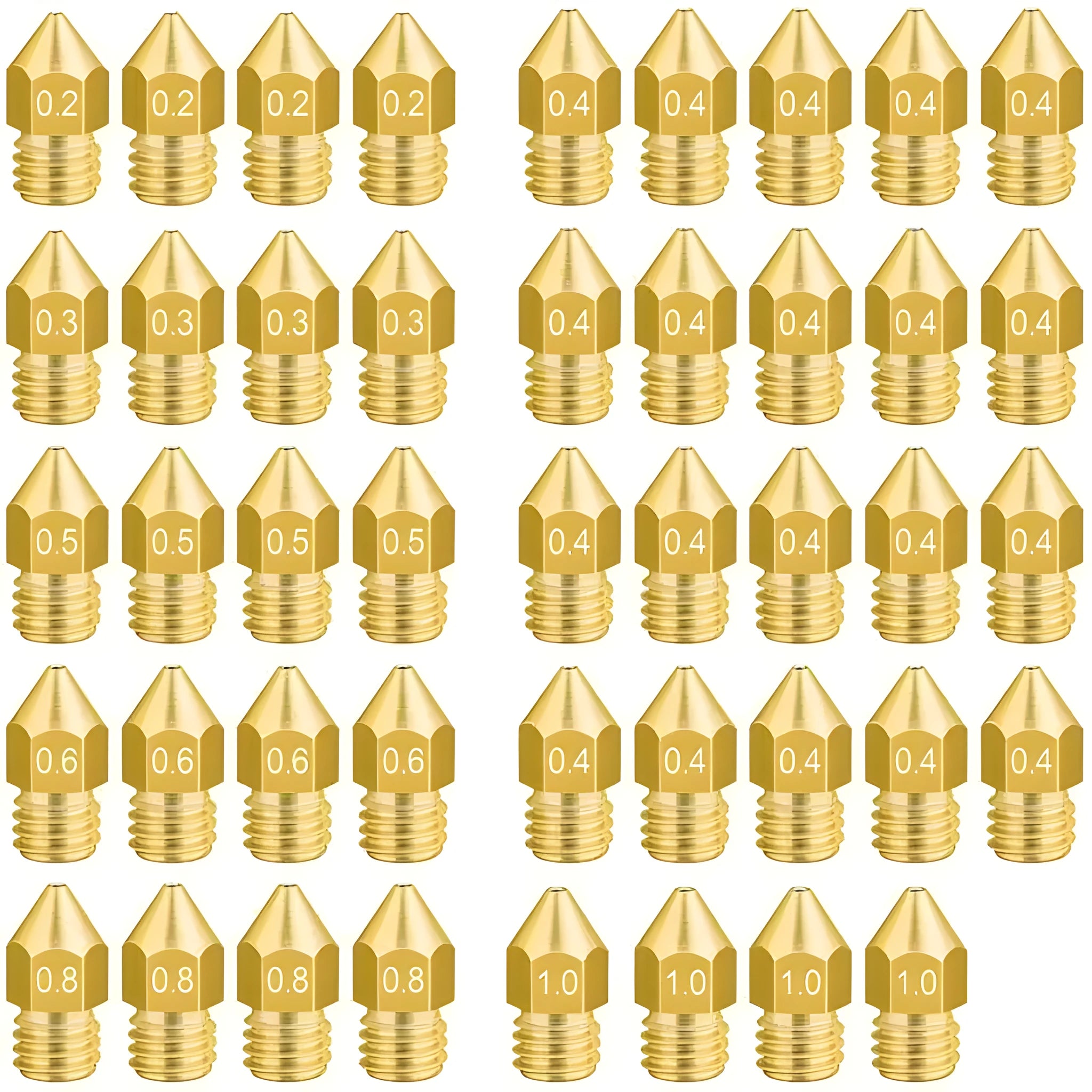 Close-up of a brass MK8 3D printer nozzle with M6 thread and 1.75mm input diameter