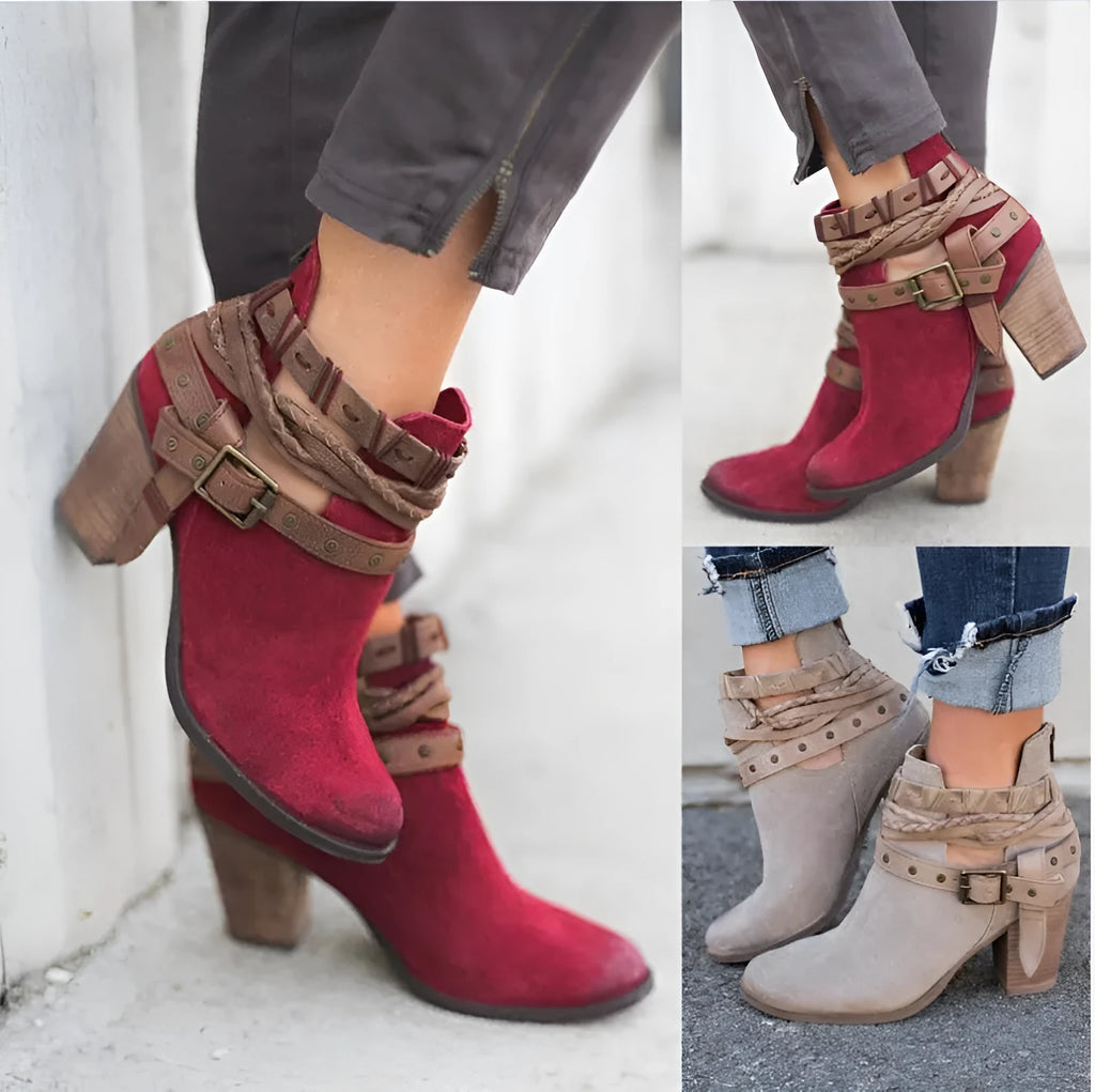 Women's suede high-heeled Martin boots with rivets and belt buckle, round toe, thick heel, mid-calf, red colour