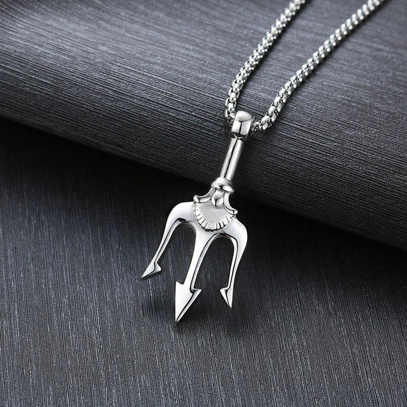 Neptune's Trident retro pendant necklace in 316L titanium steel with 600mm chain, silver colour option