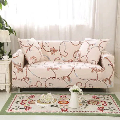 Geometric print polyester sofa slipcover stretched over sofa with matching pillowcase