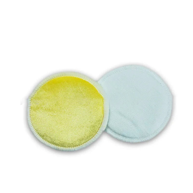 Set of red and blue velvet makeup remover pads in cotton mesh storage bag