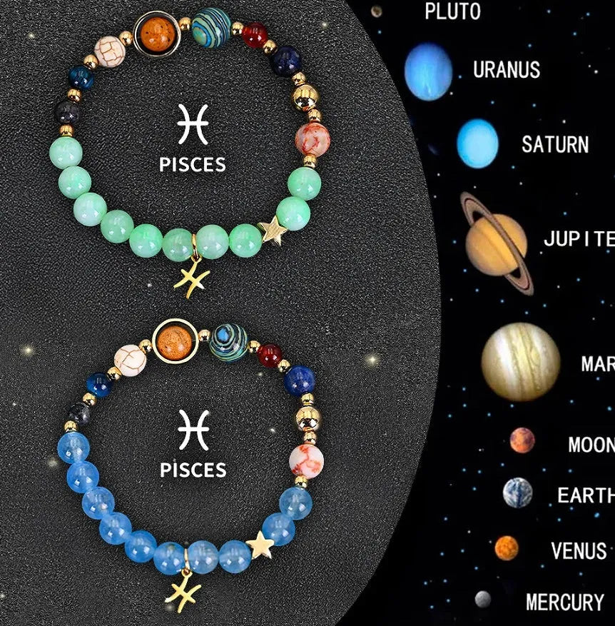 Natural stone beaded zodiac bracelets on elastic cord showing astrological symbols for twelve star signs