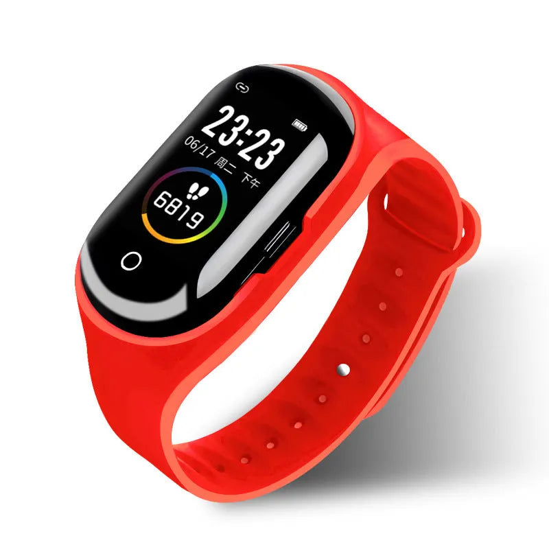 Smart bracelet earphone combo wearable device with 1 inch screen shown in blue, black, and red colour options