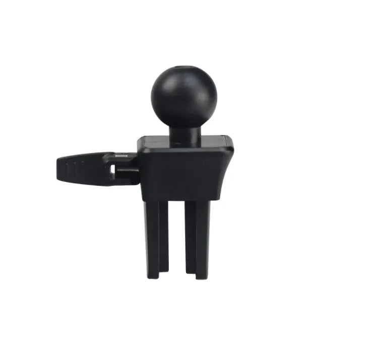Black plastic car air vent phone holder mounted on car dashboard with mobile phone securely in cradle