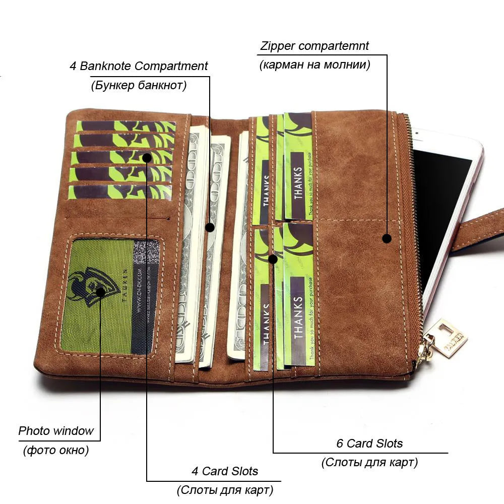 Korean retro long wallet in PU leather showing vertical design, zip closure, and open view of internal compartments.