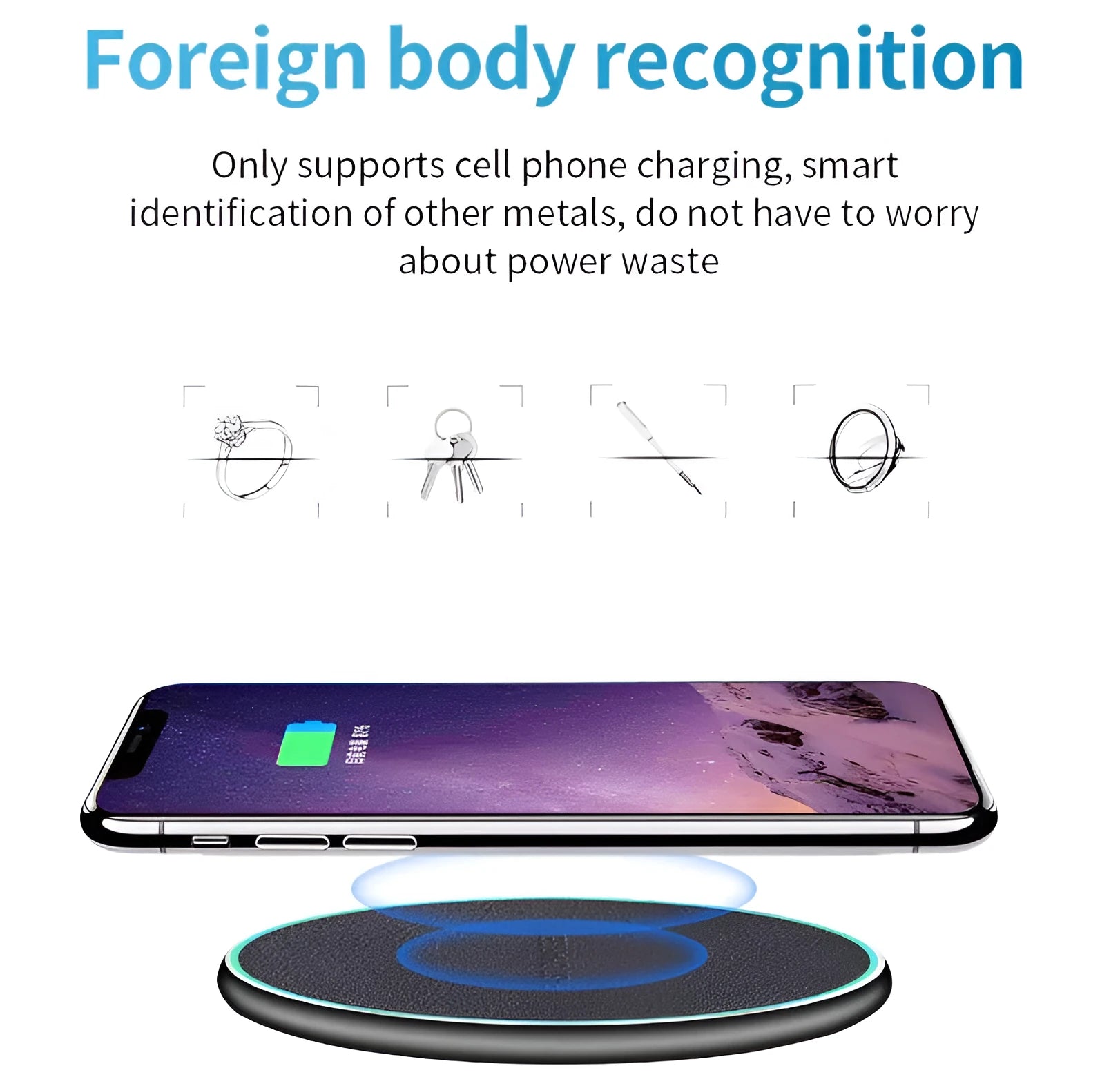 Black Qi wireless charging pad for iPhone 11 placed on a wooden surface.
