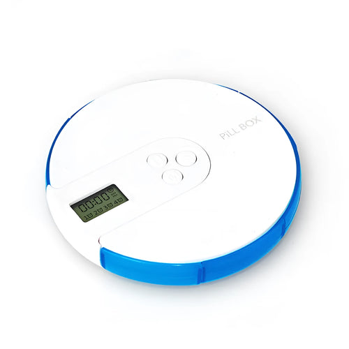 Seven compartment electronic pill dispenser with digital display and alarm clock functions in multiple colour options