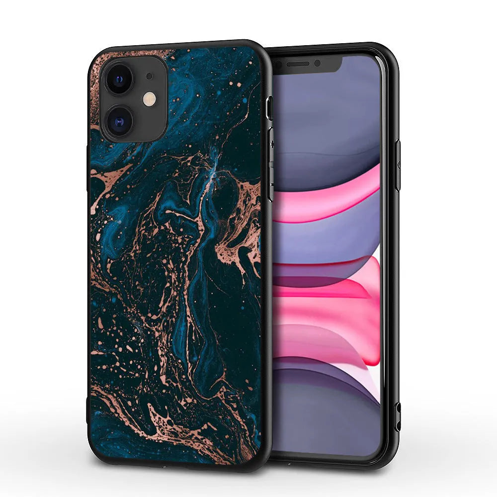 Marble pattern iPhone case showing shockproof waterproof design with precise port cutouts