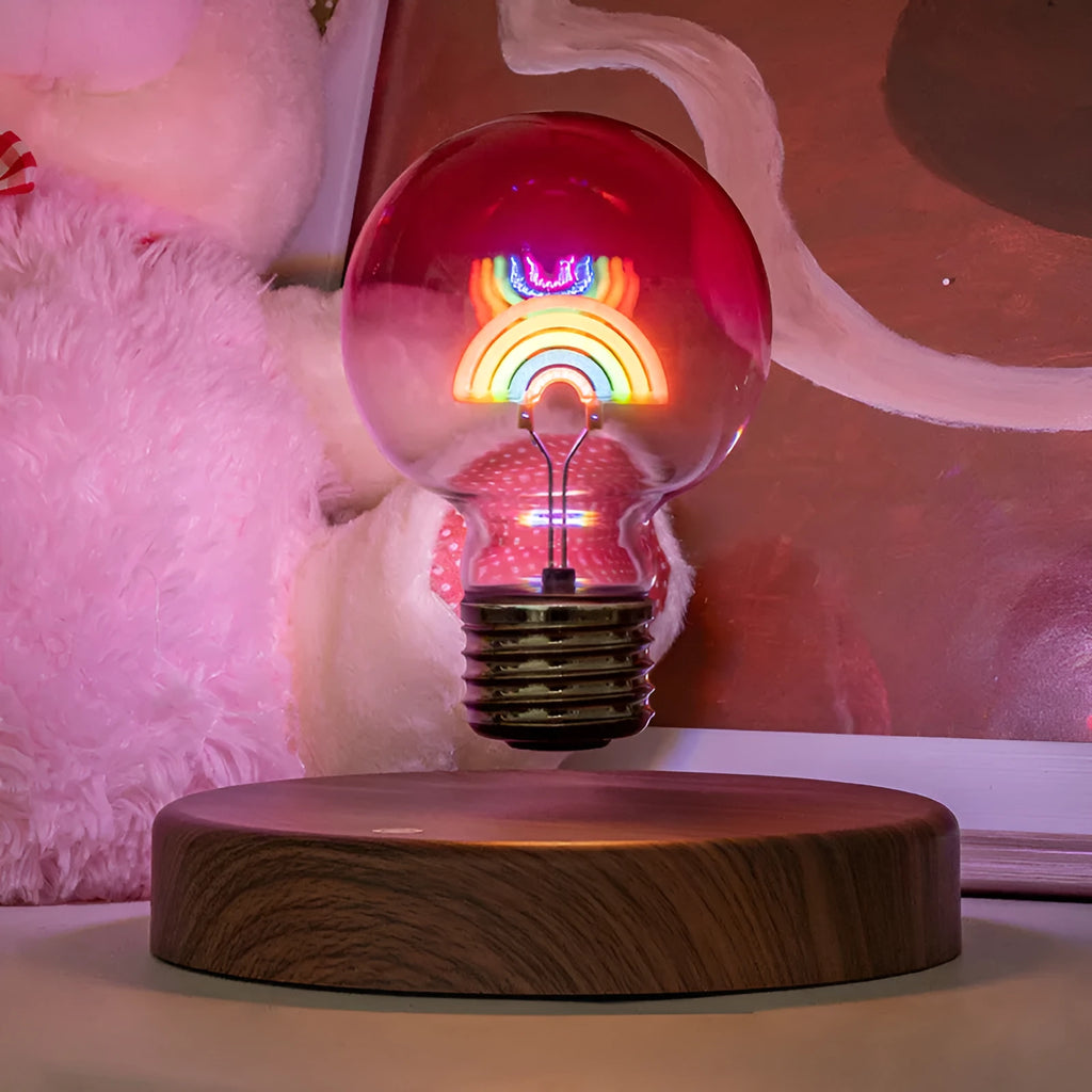 Magnetic suspension love night lamp with floating bulb, geometric modern art design, 80mm diameter, rainbow light on desk