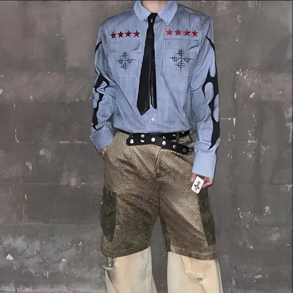 Washed blue striped casual shirt with lapel collar and long sleeves on mannequin