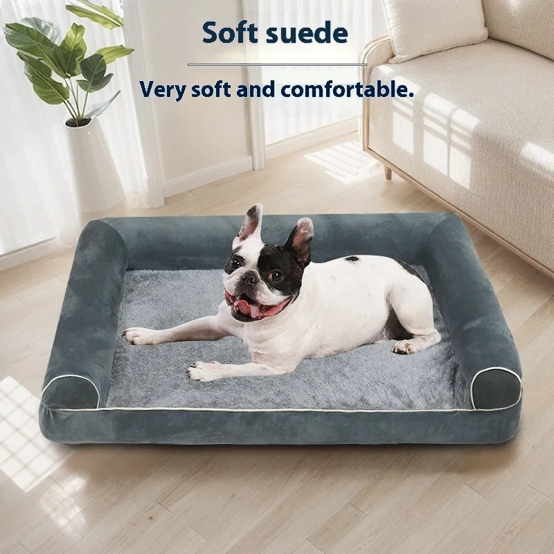 Square sponge dog bed with a breathable, washable cloth cover shown in a blue colour.