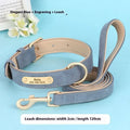Double-layer leather dog collar and matching lead in rose red, showing adjustable buckle and size options.