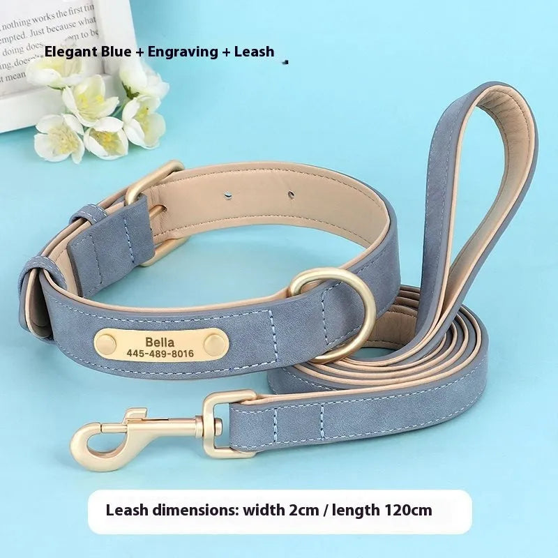 Double-layer leather dog collar and matching lead in rose red, showing adjustable buckle and size options.