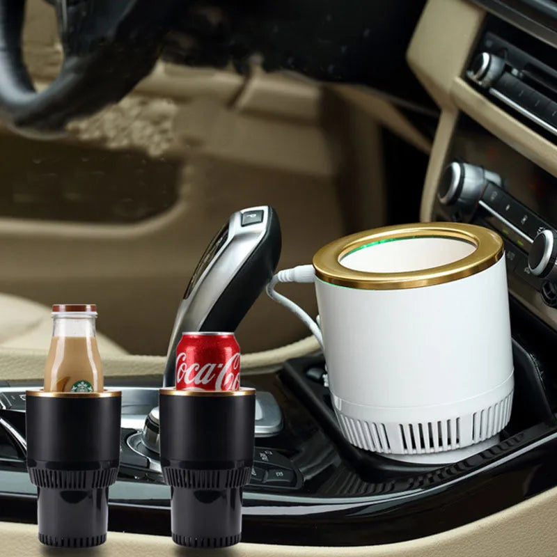 White car cup heater and cooler plugged into vehicle 12V outlet with aluminium interior and control buttons