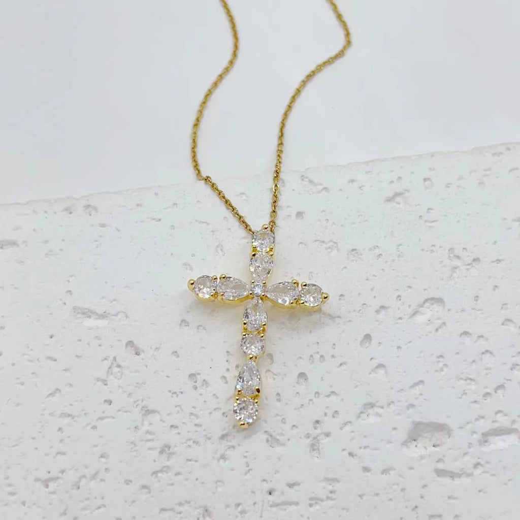 Micro inlay colourful zircon water drops cross necklace on copper O-ring chain adjustable 41-50cm