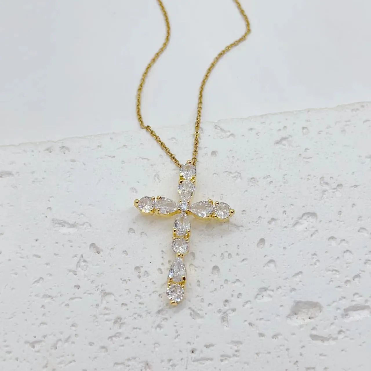 Micro inlay colourful zircon water drops cross necklace on copper O-ring chain adjustable 41-50cm