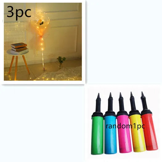 Transparent LED luminous balloon with artificial rose and built-in light, shown as a DIY bouquet kit.
