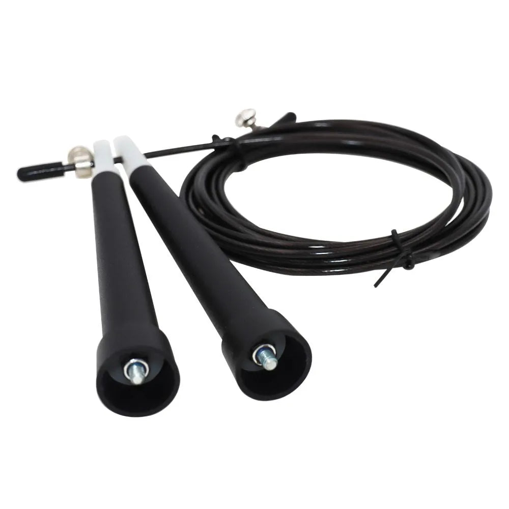 High speed steel wire fitness rope with 3m length, PVC coating, and PP handles on a smooth indoor floor