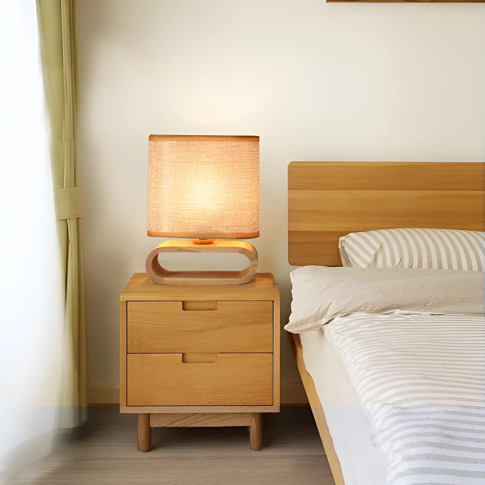 Nordic Japanese bedside table lamp with rubber wood holder, Φ170mm by H230mm, on a nightstand