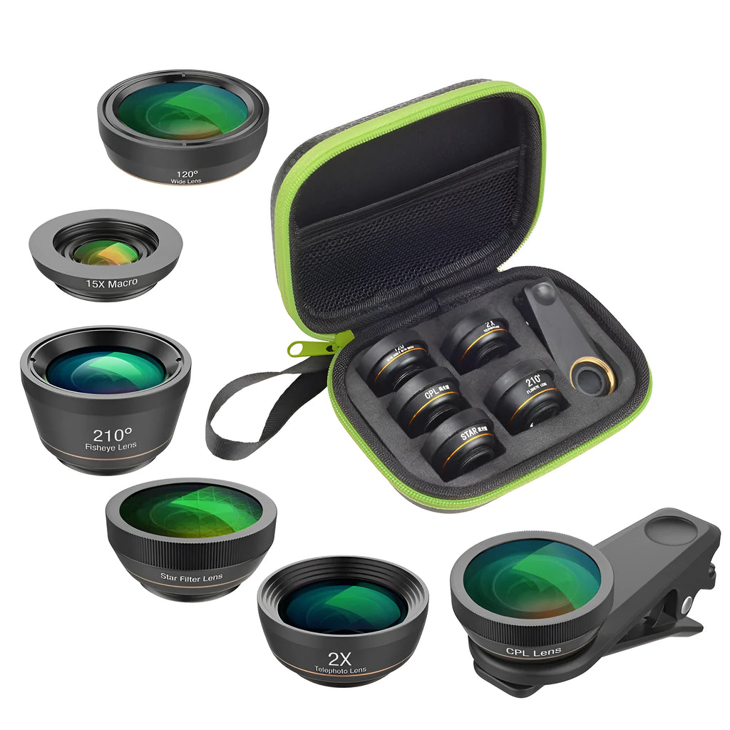 Black 6 in 1 universal smartphone camera lens kit with fisheye, macro, wide-angle, telephoto, CPL and star filters