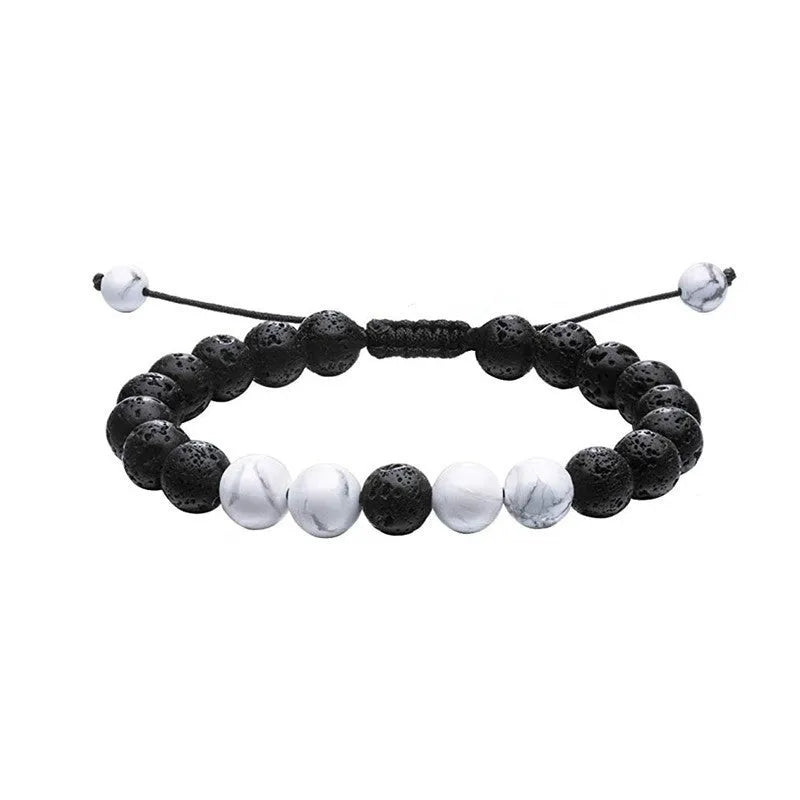 Matte black agate couple bracelets with geometric bead design