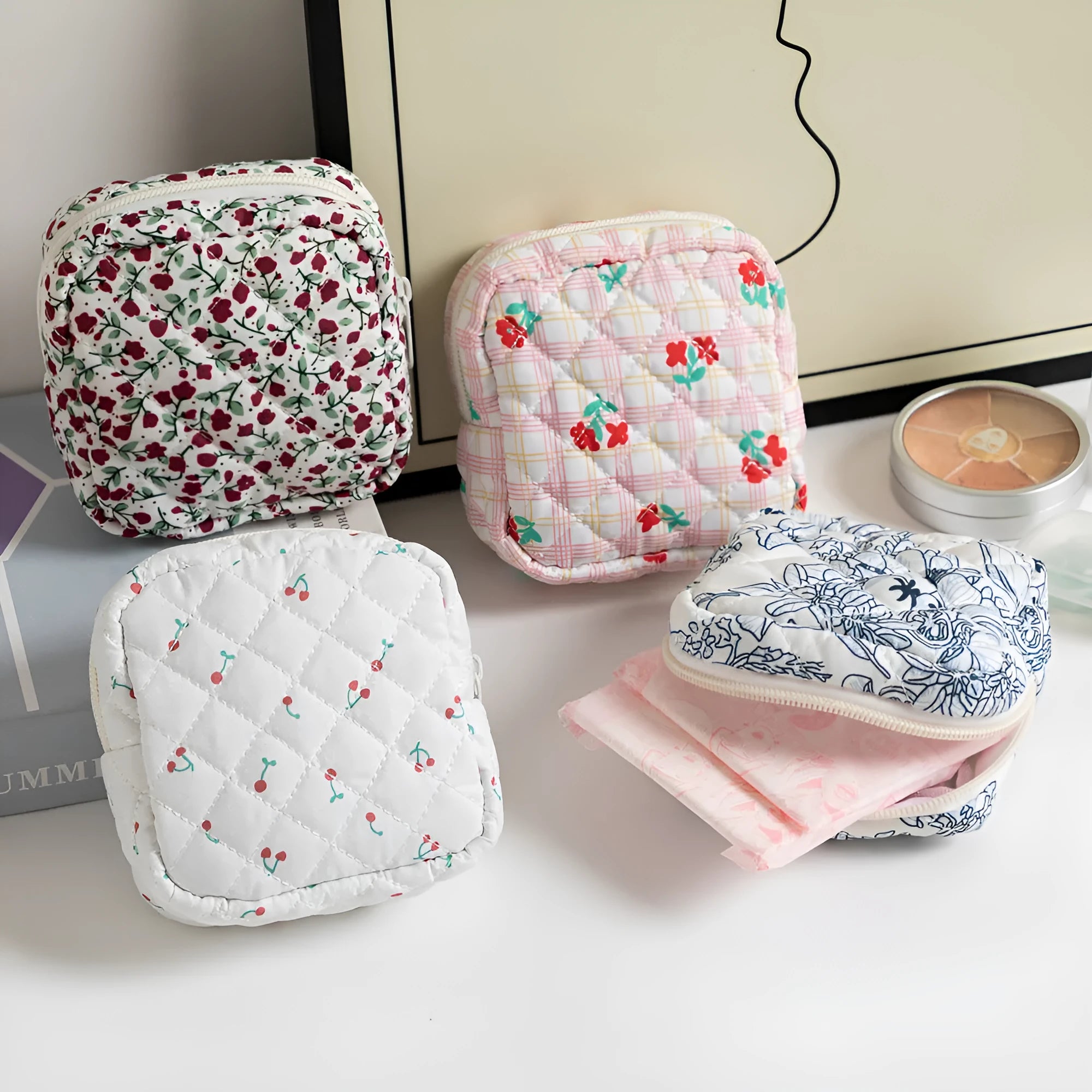 Floral polyester key storage bag with sewing thread detailing in multiple colour patterns