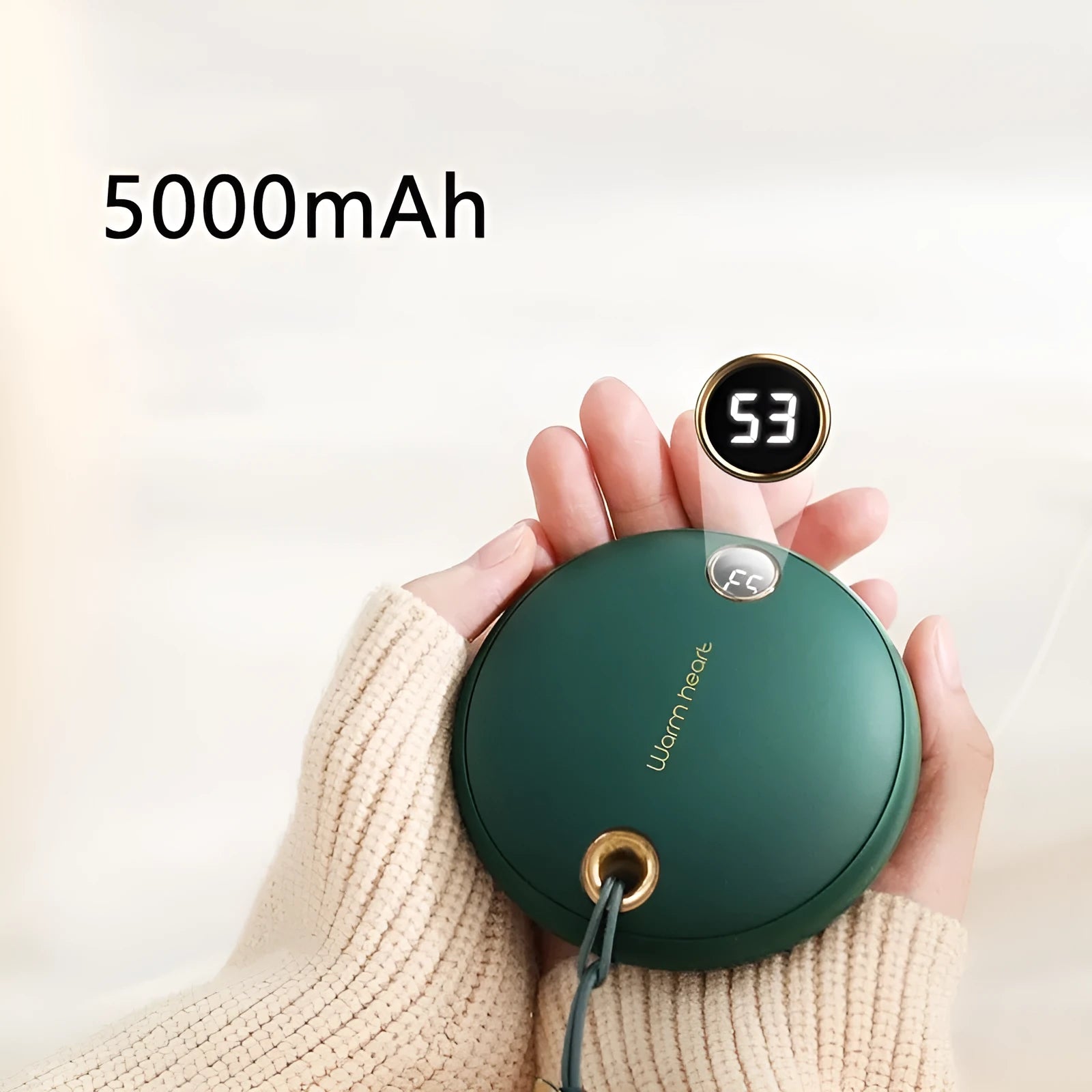 Square green hand warmer power bank with digital display showing battery percentage and Type-C charging port