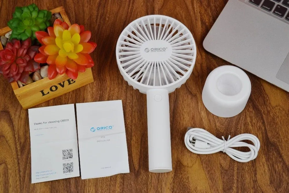 ORICO FH1 white USB rechargeable desk fan with handheld portable design and three-speed control