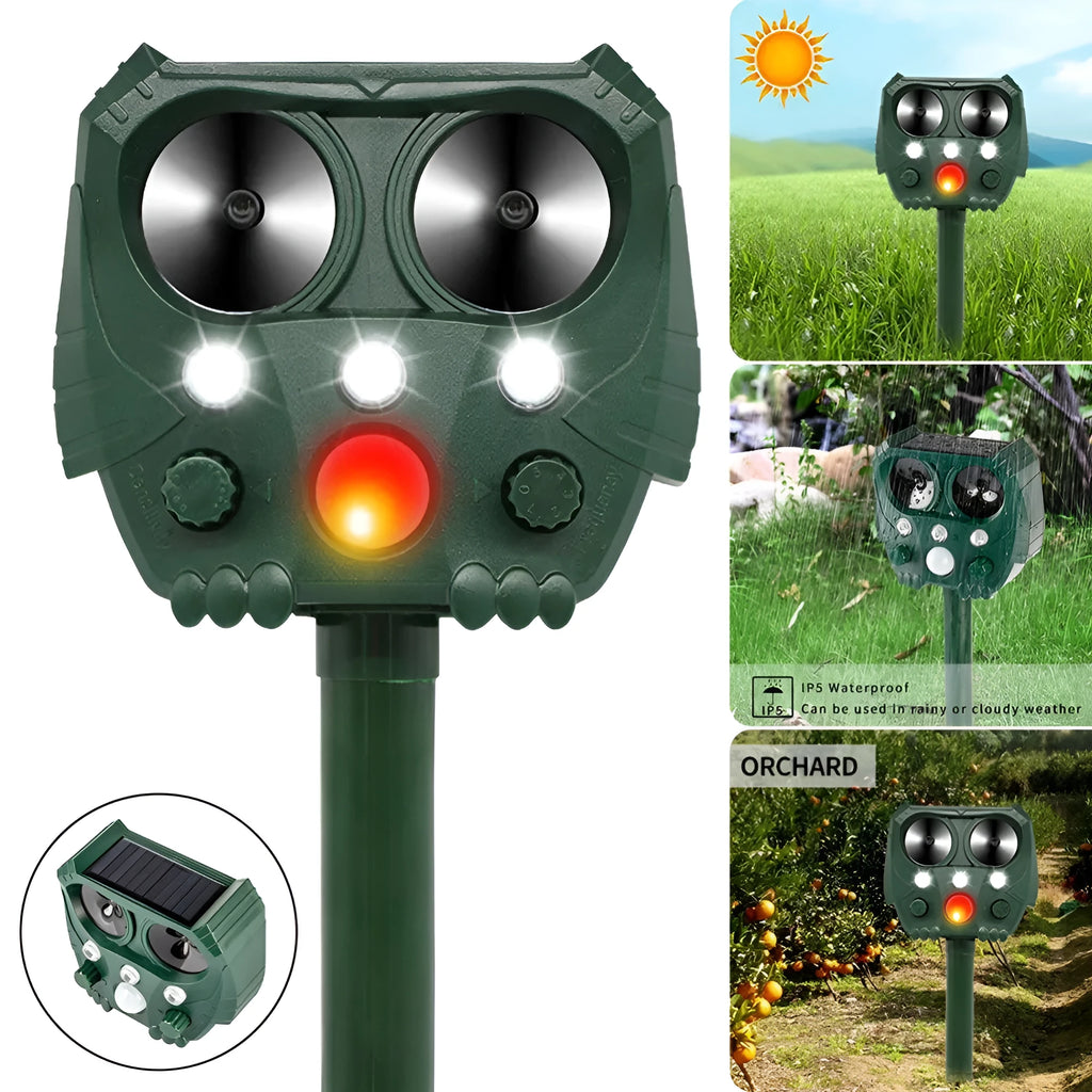 Green solar ultrasonic animal repeller unit with solar panel on top.
