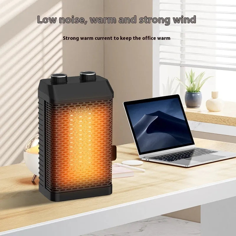 Black remote control desktop smart heater with oscillating head on a wooden desk.