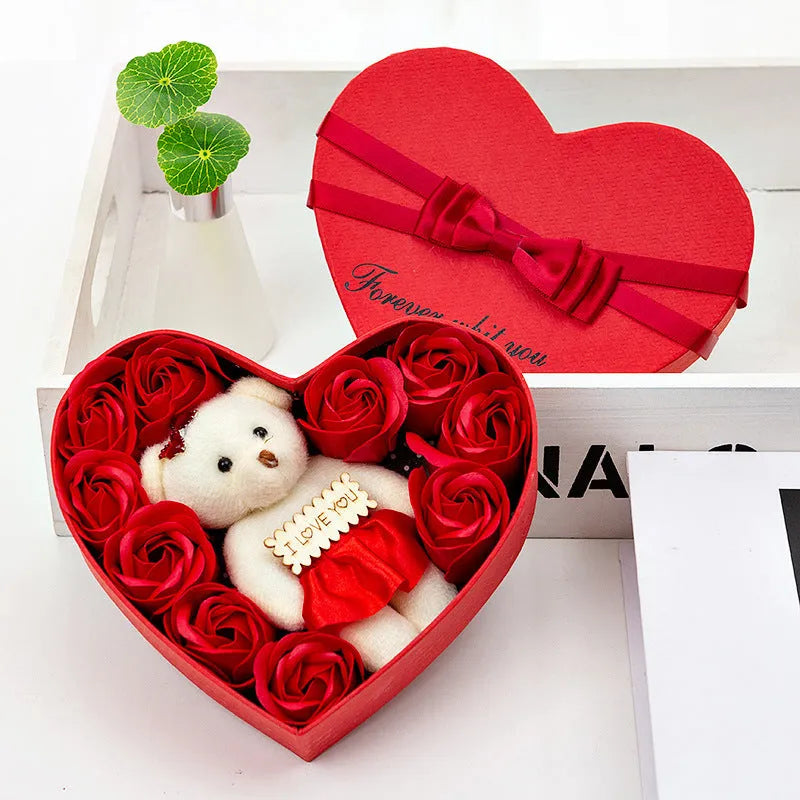 Handmade soap flower rose gift box with bear in pink, presented in a gift box