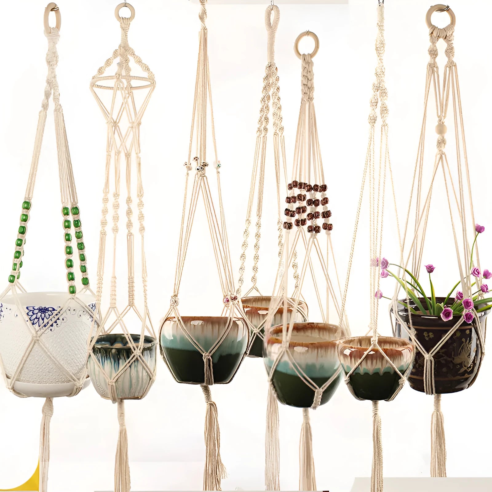 Handwoven natural cotton rope plant trellis mesh panel for climbing vines on a wall
