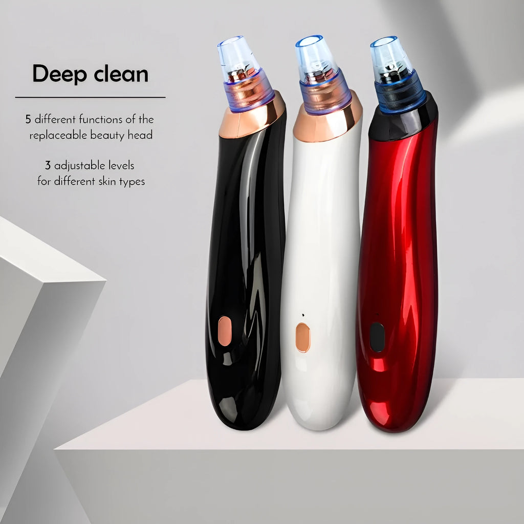 Handheld electric blackhead extractor tool with multiple nozzle tips in black colour