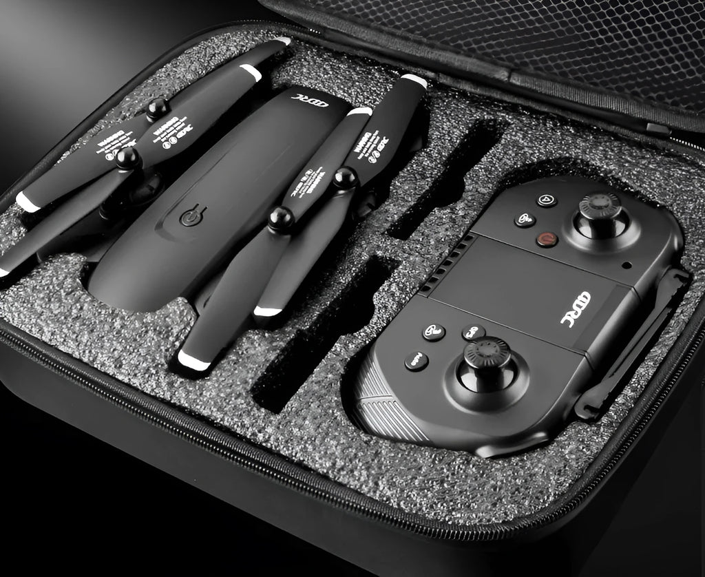 Black folding remote control aircraft with 4K front camera and 1080P bottom camera expanded