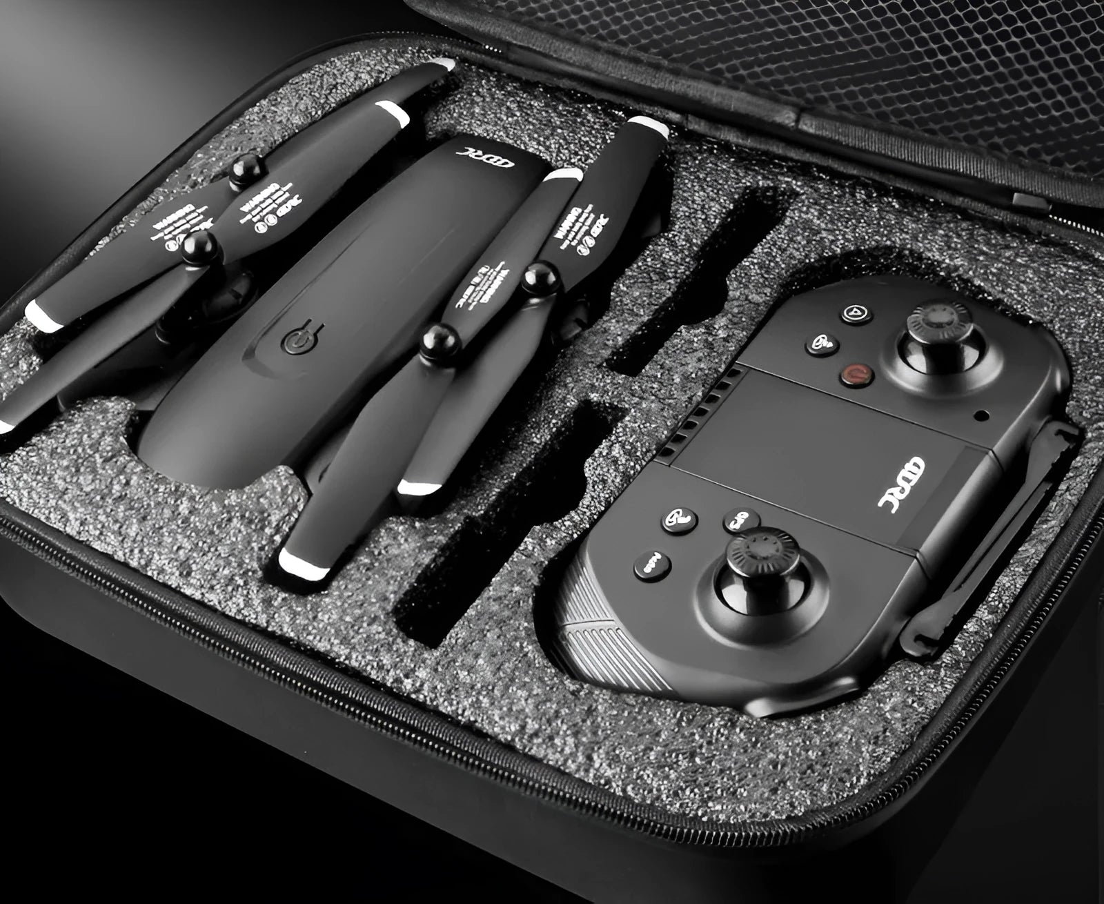 Black folding remote control aircraft with 4K front camera and 1080P bottom camera expanded
