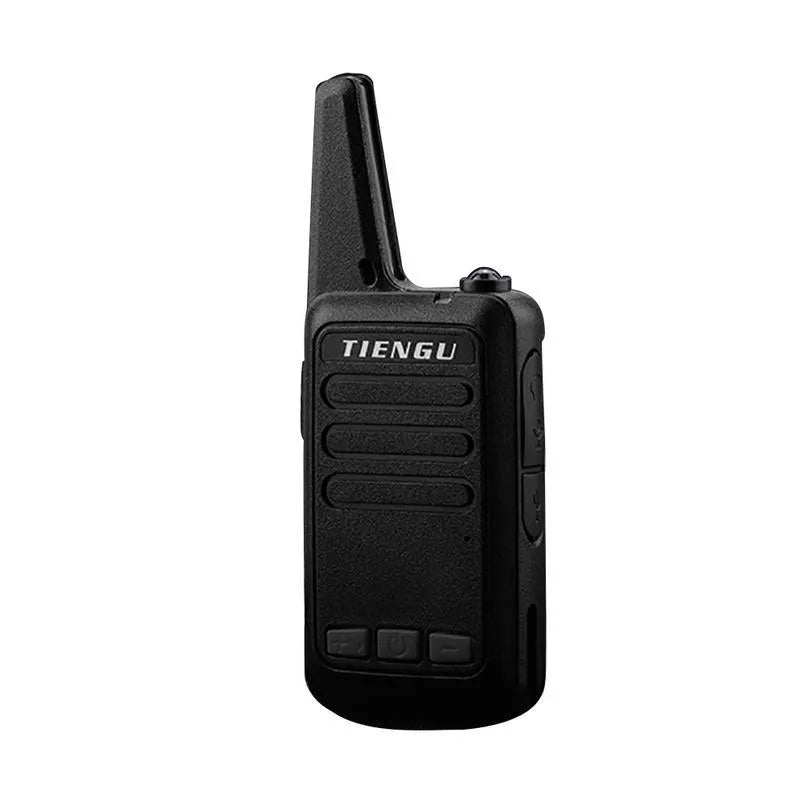 TIENGU wireless handheld radio intercom in black with LED flashlight, USB port, and back clip