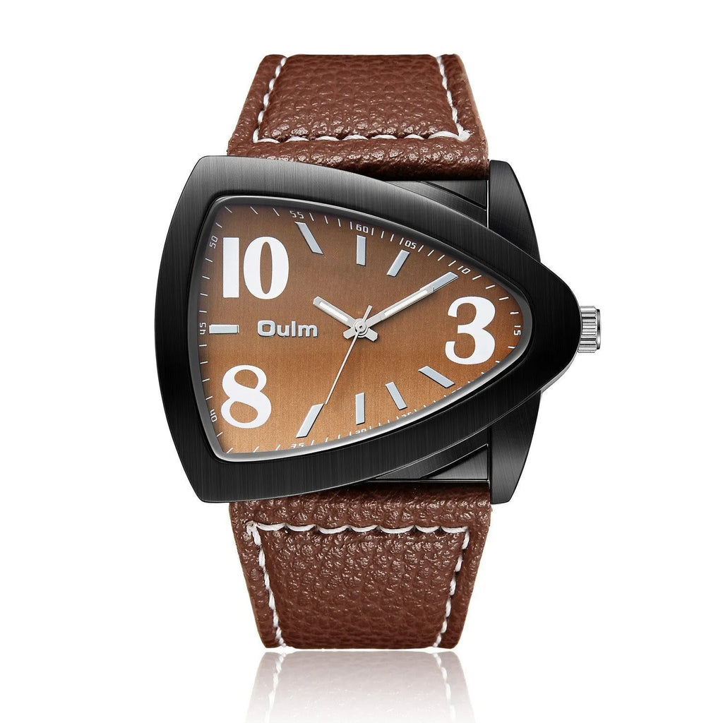 Men's triangular quartz watch with leather-style strap in brown colour showing 9mm case thickness
