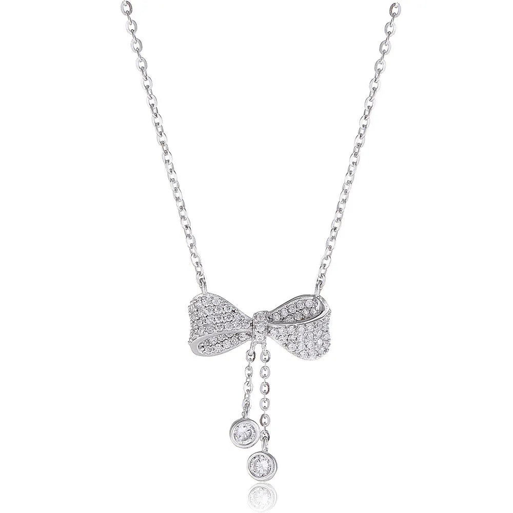 S925 sterling silver necklace with a bow pendant on an adjustable O-ring chain.