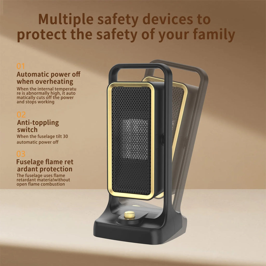 Compact black PTC ceramic desktop heater with control knob showing three speed settings