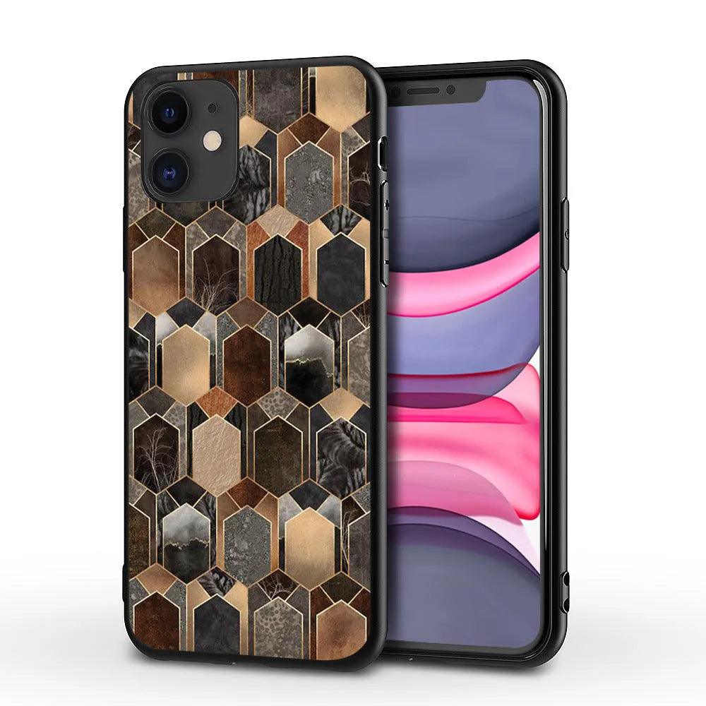 Marble pattern iPhone case showing shockproof waterproof design with precise port cutouts