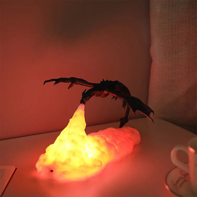 3D printed red dragon decorative night light with glowing effect on a dark surface