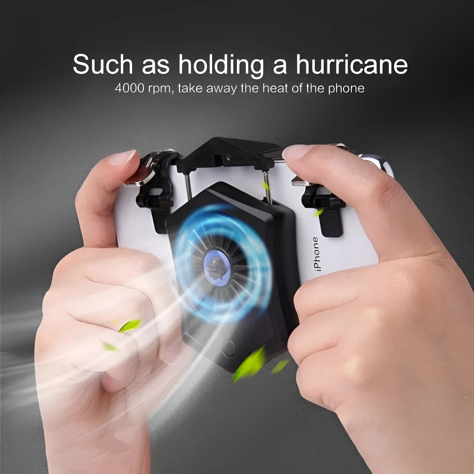 Black mobile phone cooling radiator with USB cable attached to smartphone during gaming