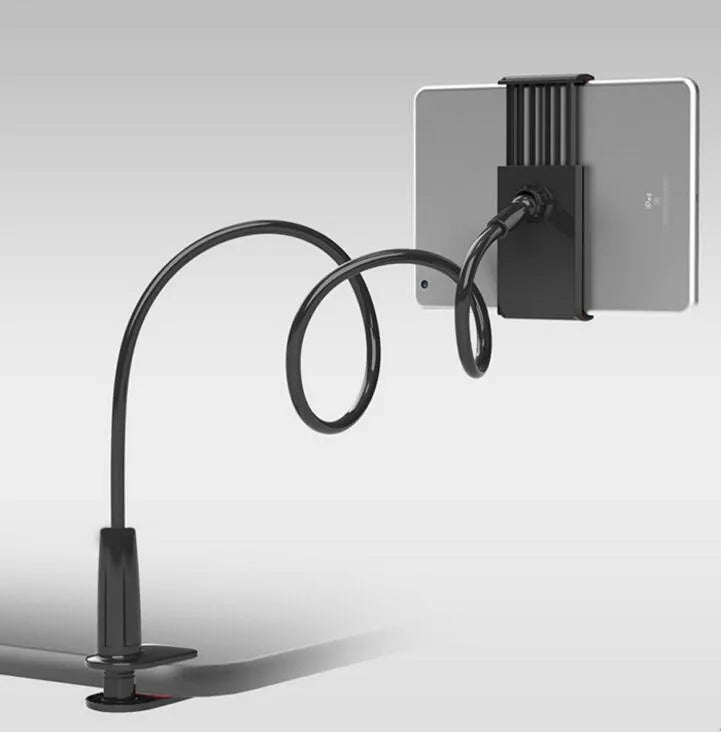 Black bedside oversize flat panel mobile phone holder with adjustable long arm on table