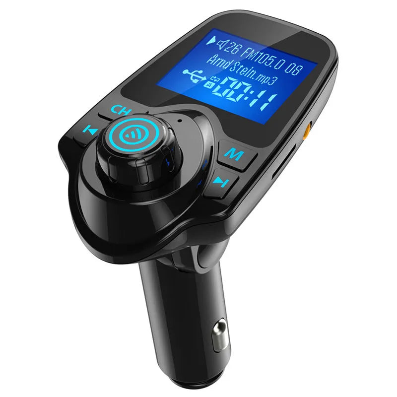 Black G7 car Bluetooth FM transmitter and hands-free kit with USB port for charging and audio playback.